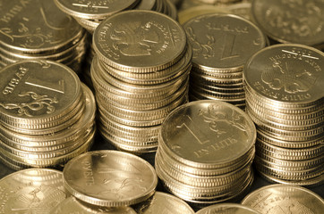 A stack of Russian gold coins. One ruble.