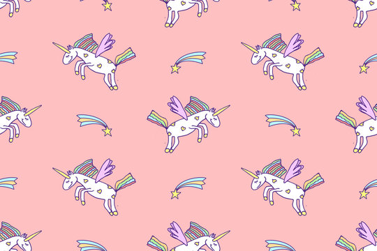 Vector illustration of seamless pattern from cute unicorns on pink background. Cartoon Pegasus backdrop