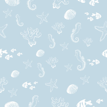 Marine seamless pattern. Vector hand drawn illustration of seahorse, starfish, fish and coral.