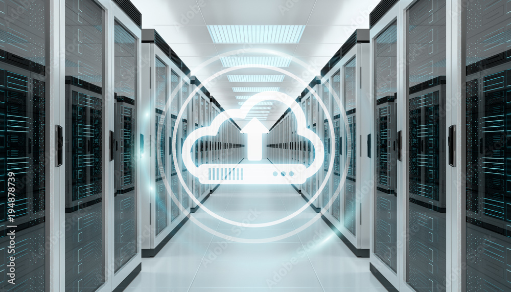 Aufkleber Cloud icon downloading datas in server room center 3D rendering