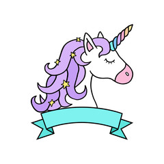 Obraz na płótnie Canvas Magical colorful unicorn head with empty ribbon. Unicorn vector illustration, logo, icon or sticker, isolated.