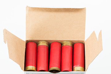 Red 12 gauge shotgun shells loaded into a cardboard box