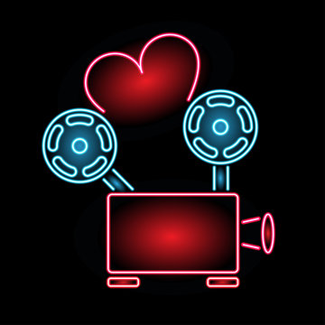 Neon sign movie for lovers. Love of cinema. Film projector with ribbon in the form of a heart. Neon sign for the cinema. Web banner