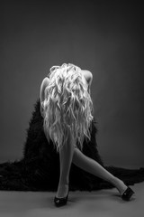 sexy girl, black background, black and white photo