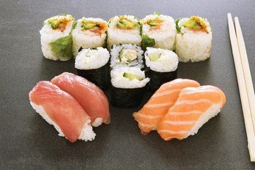 Plate of sushi rolls