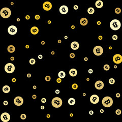 Fototapeta premium Abstract background with many falling gold bitcoin confetti. Vector background