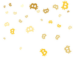 Fototapeta premium Abstract background with many falling gold bitcoin confetti. Vector background