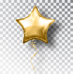 Star gold balloon on transparent background. Party helium balloons event design decoration. Balloons isolated air. Mockup for balloon print. Stocking Christmas decorations. Vector isolated object © Ann_Sereda