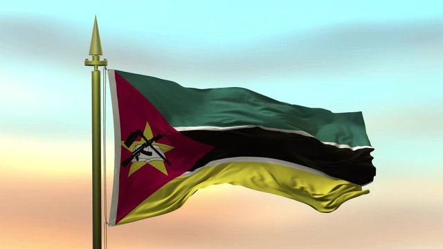 National Flag of  mozambic waving in the wind against the sunset sky background slow motion Seamless Loop Animation