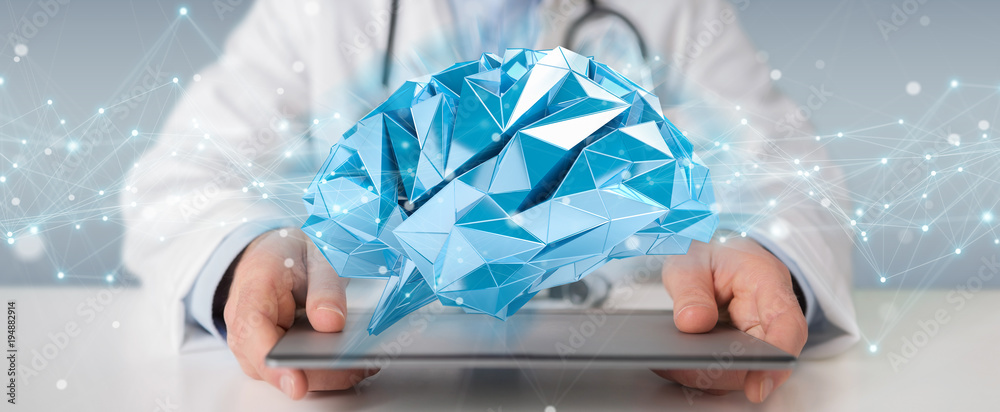 Aufkleber doctor holding digital brain interface 3d rendering