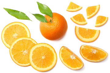 healthy food. sliced orange with green leaf isolated on white background top view