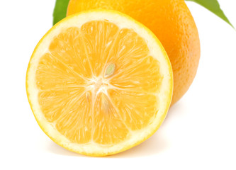 healthy food. lemon with green leaf isolated on white background