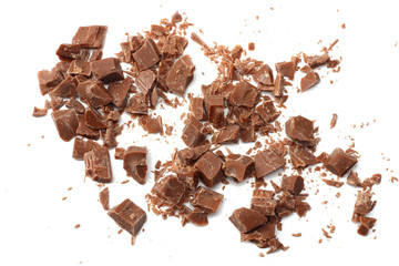 milk chocolate shavings isolated on white background top view