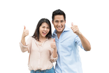 Asian couple smiling with thumb up gesture