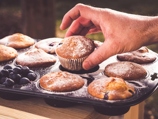 taking a fresh baked fluffy blueberry muffin out of pan