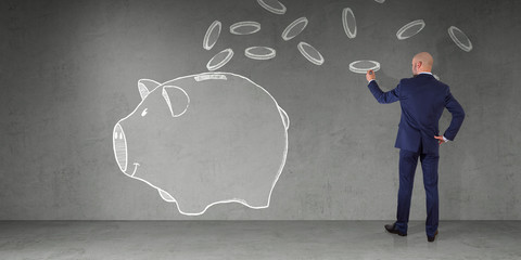 Businessman drawing a sketch piggy bank on a wall 3D rendering