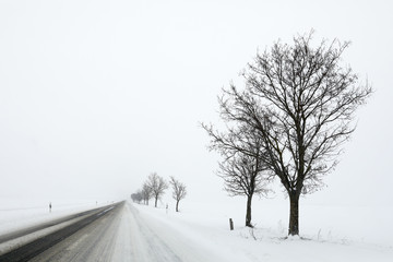 Winter landscape. Snowy conditions on the road. 