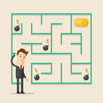 Businessman and labrinth business task. Labyrinth solution and businessman in search of profit and money.