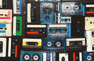 Vintage audio cassettes blue background