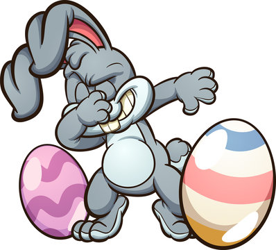 Dabbing easter bunny with eggs. Vector clip art illustration with simple gradients. Some elements on separate layers.