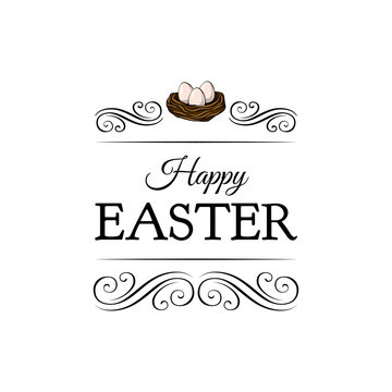 Easter greeting card, bird nest and white eggs. Vector illustration.