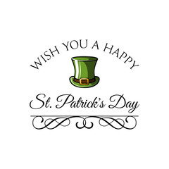 Green St. Patrick s Day hat. Greeting card with swirls. Vector illustration.