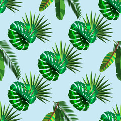 Exotic seamless hand drawn Botanical vector pattern with green palm leaves and exotic plants , vector illustration