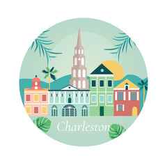 Naklejka premium Witamy na plakacie Charlestone z punktami orientacyjnymi