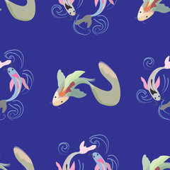 Seamless pattern with koi fish on blue background. Vector illustration