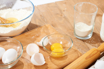 Close view of flour and ingredients for making dough at home