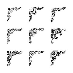 Hand drawn corner set vintage style. Traced by hand from own sketch. Collection black floral decorative element