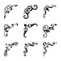 Hand drawn corner set vintage style. Traced by hand from own sketch. Collection black floral decorative element