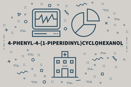 Conceptual business illustration with the words 4-phenyl-4-(1-piperidinyl)cyclohexanol
