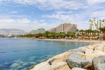 City view, panoramic view of Eilat, touristic and vacation luxury oasis in Negev desert on south of...
