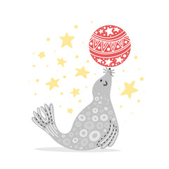 Vector illustration of sea calf with big red ball on his nose. Circus artist doing trick