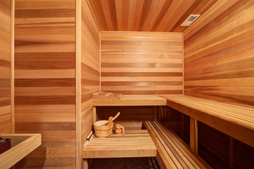 Fototapeta na wymiar Amazing home sauna room with teak surround