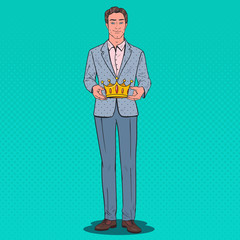 Pop Art Man Holding Golden Crown. Firts Place Prize, Coronation Ceremony. Vector illustration