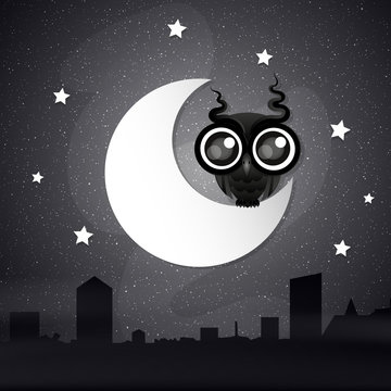 Good night card with sleeping moon and cute owl.