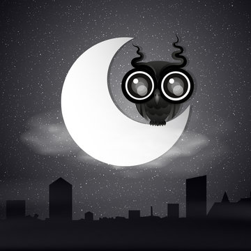 Good night card with sleeping moon and cute owl.