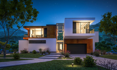 3d rendering of modern house by the river at night - obrazy, fototapety, plakaty