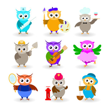 Collection cartoon owls of different professions. Doctor, painter, waiter, builder, guitarist, ballerina, tennis player, fireman, farmer.
