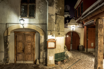 Night street with poor building in slum and ghetto district