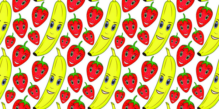 Seamless vector summer bright background. Seamless pattern of cartoon images of strawberries and bananas. Background for children, bright colorful background. Smiling, happy face, character. EPS 10