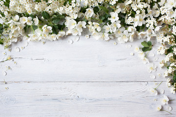 White wooden background with white flowering spring branches