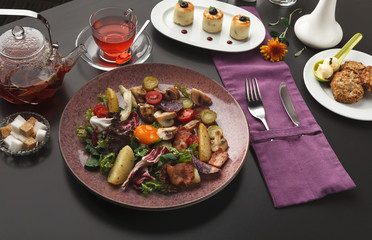Restaurant breakfast with warm potato salad