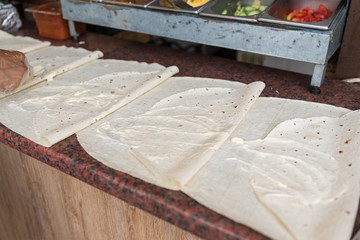 Cooking process of shawarma, traditional turkish meat, workflow