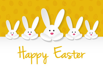 Easter bunny on background with eggs and wishes. Vector.
