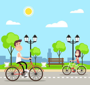 People riding bikes. Vector flat cartoon illustration