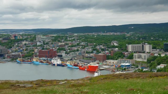 View of St Johns harbor and boats from Signal Hill in Newfoundland Canada