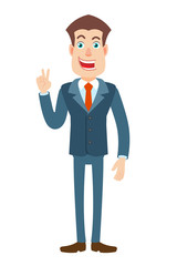 Victory! Businessman showing victory sign. Two fingers up.